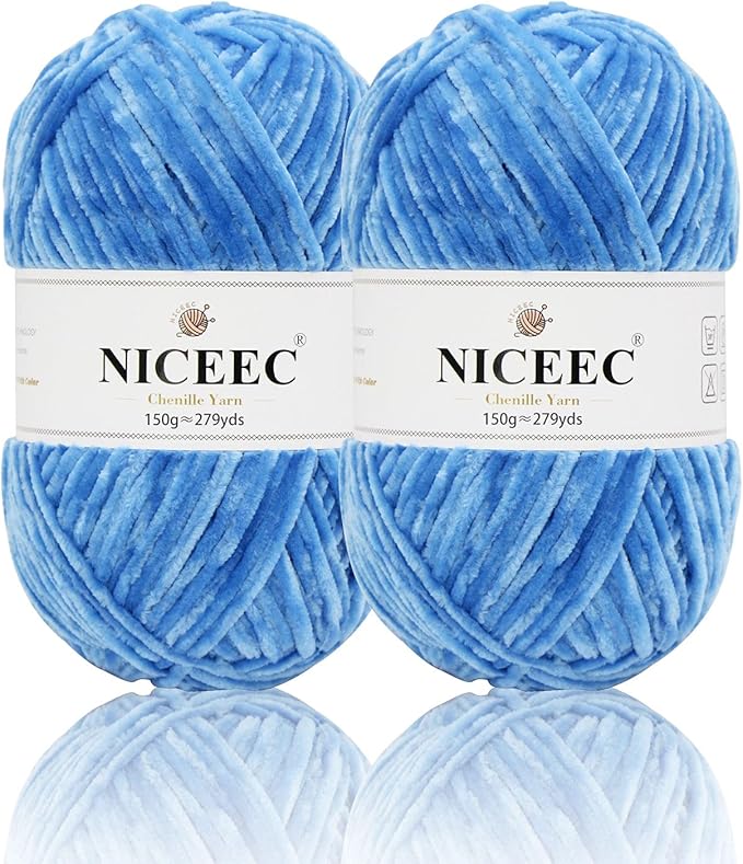 NICEEC 2 Skeins Soft Chenille Yarn Blanket Yarn for Knitting Fancy Yarn for Crochet Weaving DIY Craft Total Length 2×255m (2×279yds, 2×150g)_Blue