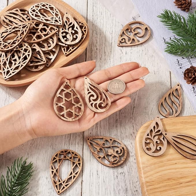 Elecrelive 100pcs Wood Earring Blanks Filigree Teardrop Pendants Unfinished Wooden Cutout Craft Wood Pieces for DIY Jewelry Making Hanging Ornaments