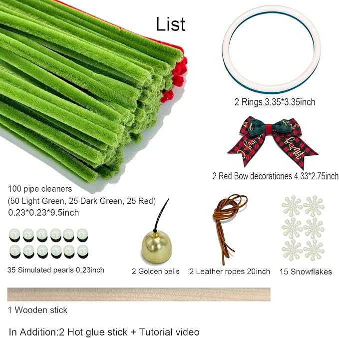 TINLOK Christmas DIY Crafts Kit - 159 Pcs Wreath Making Kit for 2 Pack 7.1 Inch Christmas Ornaments, Easy to Make Holiday Wreath Decor for Tree, Home, Xmas Party Gift for Family