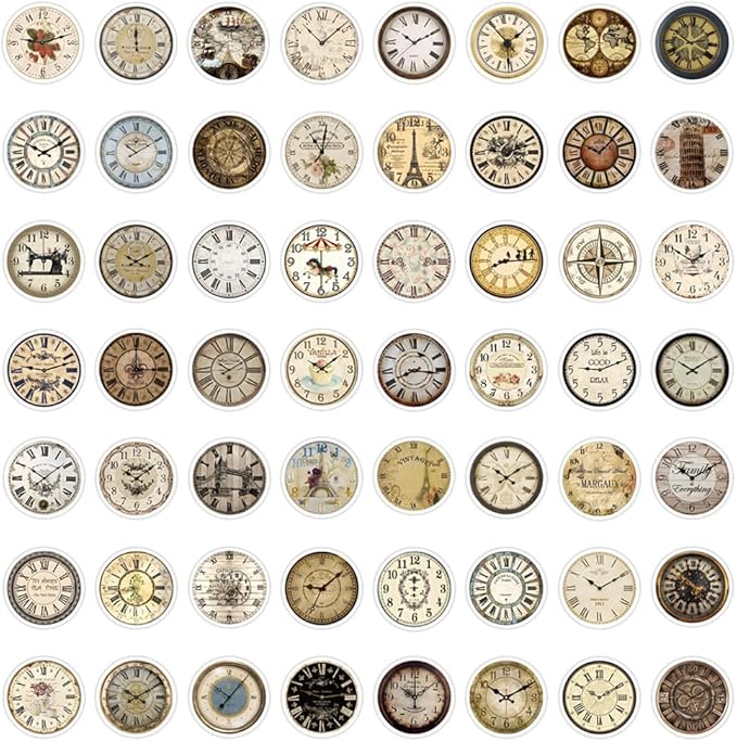 Retro Clock Stickers for Scrapbooking,50 Pcs Vintage Timepiece Decals, Waterproof Vinyl Stickers for Journals, Laptops, Home Decor, Ideal for Vintage Lovers Adults (Clock)