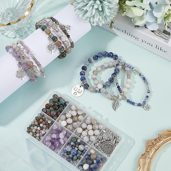 SUNNYCLUE 1 Box 310Pcs DIY 3 Sets Bracelet Making Kits Tree of Life Charms,Leaf Charm Natural Gemstone Multi Layered Boho Bracelets Stone Beads for Jewelry Making Kits Crafts Gift Adults Supplies