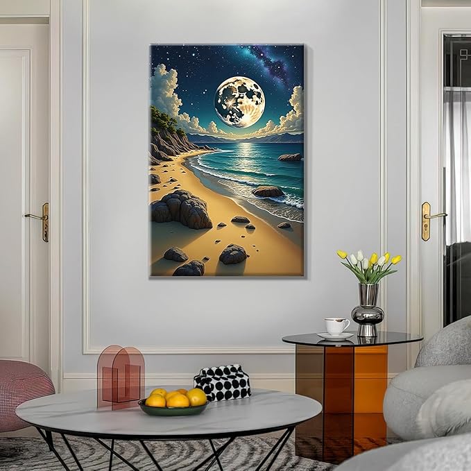 ATDMS Paint by Numbers Kit for Adults with Frame Moon Paint by Number with Easel Beach Adult Paint by Number Kits Framed Canvas DIY Moonlight Acrylic Oil Painting Kits for Home Wall Decor 8x12 Inch