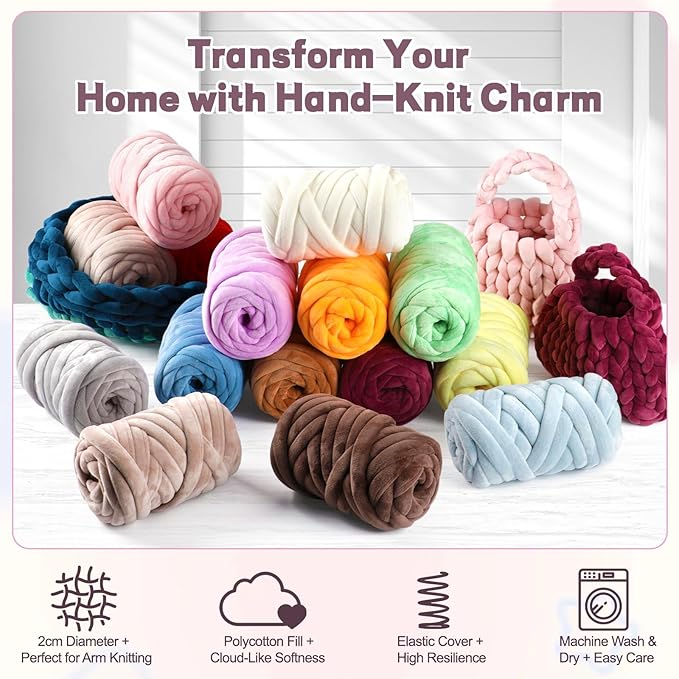Chunky Yarn for Hand Knitting & Arm Knitting - 0.66lb Super Bulky Velvet Chenille Tube Yarn for DIY Pillows, Pet Beds, Baskets & Home Decor | No Tools Needed, Machine Washable, Romantic Purple,1 Pack