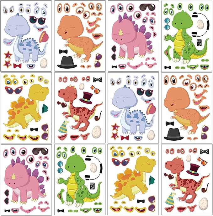 24 sheets 8.27''×5.9'' make your own dinosaur stickers for kids toddlers, make a face stickers for kids party favors activities