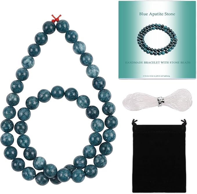Stone Beads, 45pcs Blue Apatite, 8mm Round Loose Beads for Jewelry Making, Bracelets, with Bag, String & Card