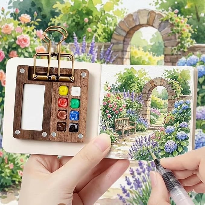 Mini Watercolor Paint Set, Portable Artist Watercolor Travel Kit with 12 Color, 8 Grids Pocket Wooden Palette, Sketchbook, Brush for Artists, Painters, Students