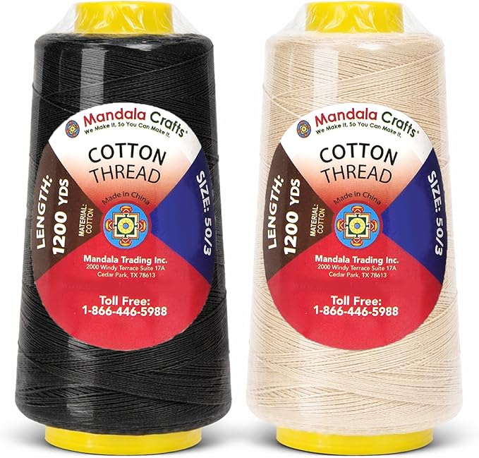 Mandala Crafts Black and Cream Thread Cones for Machine and Hand Quilting - 4800 Yds 50 WT Multiple Purpose Mercerized 100% Cotton Threads for Sewing Machine Serger Embroidery