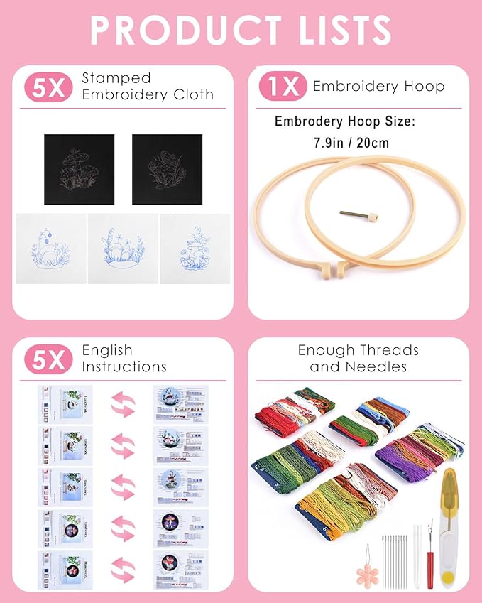 TINDTOP Embroidery Kit for Adult for Beginners, 5 Sets Mushroom Embroidery Kit for Beginners Include Embroidery Cloth Hoops Threads for Craft Lover Hand Stitch with Embroidery Skill Techniques