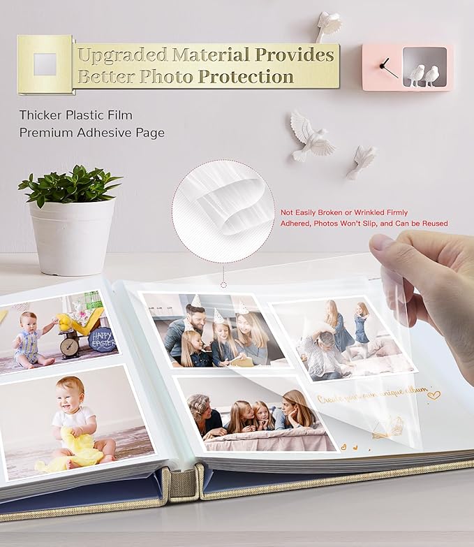 Photo Album Self Adhesive Scrapbook Album for 3x5 4x6 5x7 8x10 Pictures,120 Pages Linen Cover with Display Window DIY Photo Book,Ideal Gifts for Family Travel Wedding Baby
