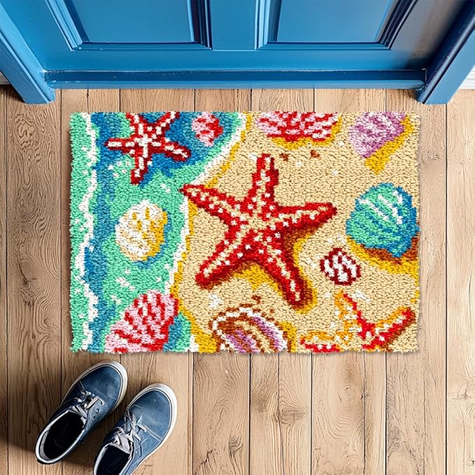 ORIGACH Beach Sea Shells Starfish Latch Hook Rug Kits, Color Stamped Grid Cloth Handmade Rug, Pattern Printed Carpet Kit, DIY Crochet Rug for Adults Home Decoration Festival Gifts 52 x 38 cm