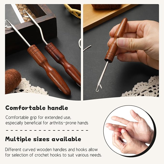 Giwrmu 3 Pcs Latch Hook Tools, Wooden Bent Latch Hooks Kits for Adults, Large Latch Hook Crochet Needle for Hair Extension, Micro Braids and Carpet Craft
