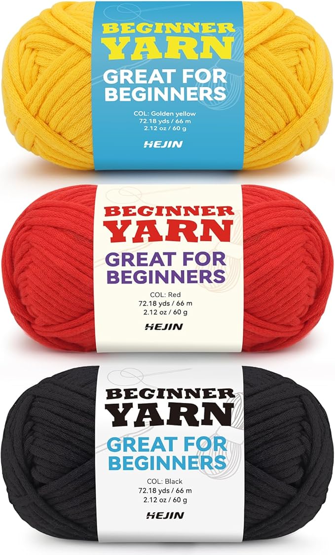 3x60g Yellow+Red+Black Yarn for Crocheting and Knitting;3x66m (72yds) Cotton Yarn for Beginners with Easy-to-See Stitches;Worsted-Weight Medium #4;Cotton-Nylon Blend Yarn for Beginners Crochet Kit
