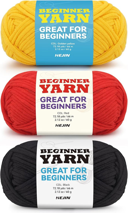 3x60g Yellow+Red+Black Yarn for Crocheting and Knitting;3x66m (72yds) Cotton Yarn for Beginners with Easy-to-See Stitches;Worsted-Weight Medium #4;Cotton-Nylon Blend Yarn for Beginners Crochet Kit