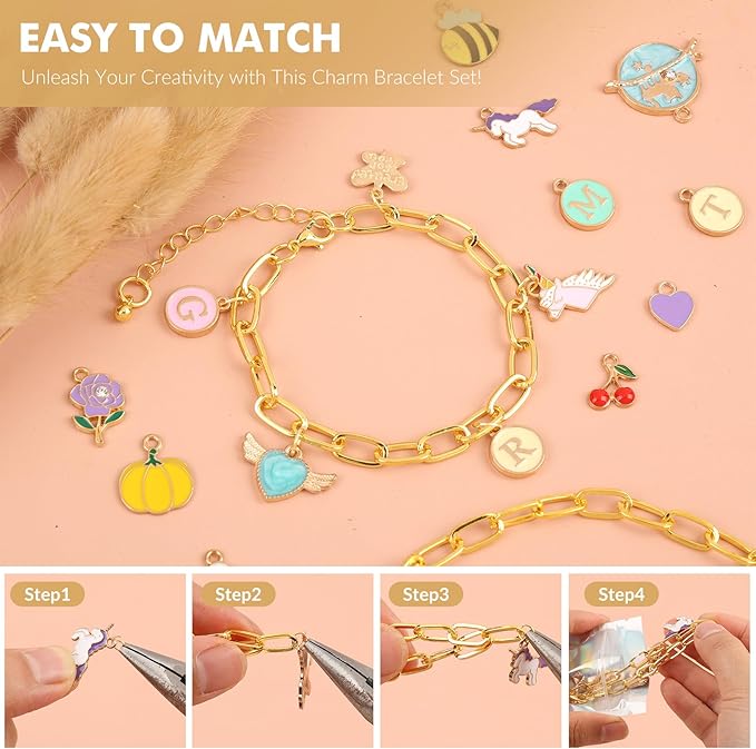Zplontya Charm Bracelet Making Kit - 571 Pcs Jewelry Supplies with 20Pcs Bracelet Chains, Storage Box & Gift Bags, DIY Bracelet Kit for Jewelry Making, Gold & Silver Charms for Crafting