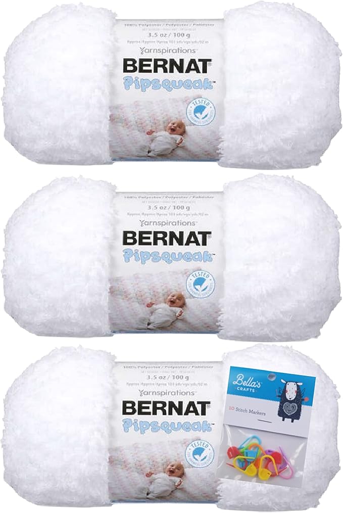 Bernat Yarn Pipsqueak Yarn, 3.5 Oz, 3-Pack Bundle with Bella's Stitch Place Holders (Whitey White)