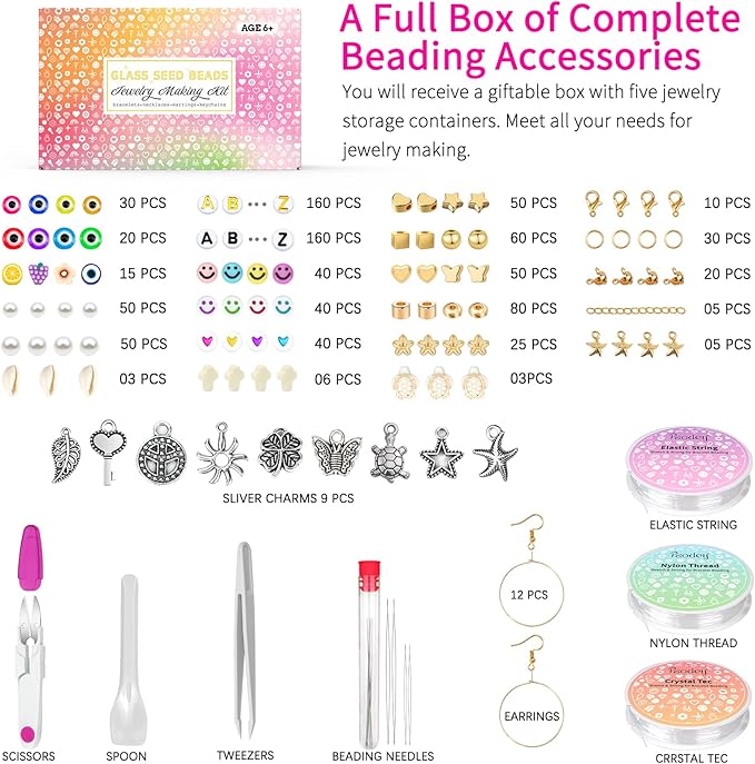 4mm Glass Seed Beads Friendship Bracelet Kit, 15500pcs 96 Colors 6/0 Small Beads for Bracelet Making Kit with String Cords Letter Charms Waist Beads for DIY Jewelry Making Crafts Kits