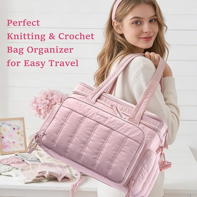 MYBAGZING Large Knitting & Crochet Bag Organizer for Yarn Storage, Double-Layer Knitting Project Bag with 6 Grommets, Yarn Organizer Tote for Knitting Supplies Crochet Hooks & Accessories Gift for Mom