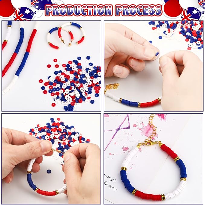 Batiyeer 3000 Pcs Red White and Blue Clay Beads Bracelet Making Kit 6 mm Patriotic 4th of July Spacer Beads Heishi Polymer Clay Bead for Necklace Earring Bracelet Making