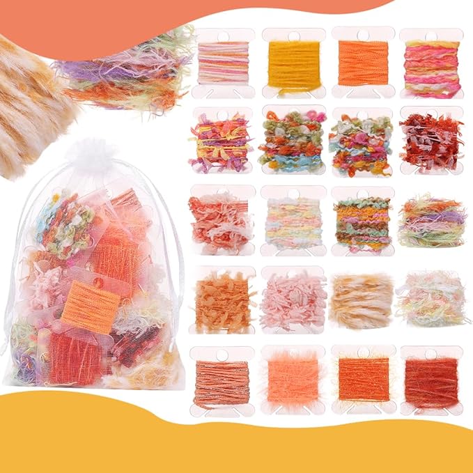 20 Pcs of 2-Yard Original Art Yarns - for DIY Art Yarns for Jewelry Making, Junk Magazines, Knitting, Crafts, Textile Decorative, Tassels, Vintage Yarn Card Making (Orange)