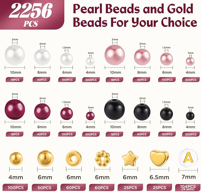 2256pcs Pearl Beads for Jewelry Making, Funtopia 4 Sizes Pink Black White Round Beads for Bracelets, Bracelet Making Kit with Gold Spacer Beads Letter Beads for Crafts Necklaces Earrings DIY