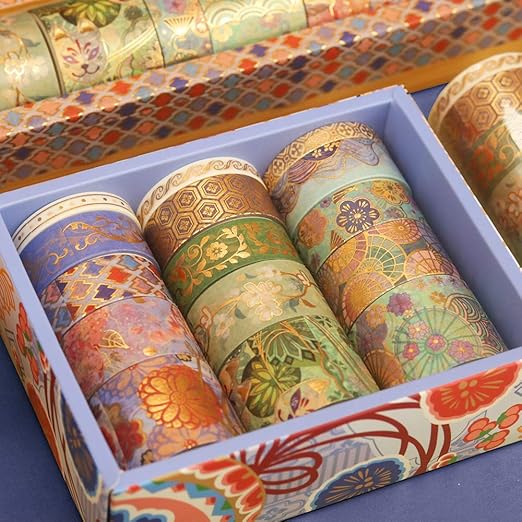 YUBBAEX Splendid Gold Washi Tape Set Embroidery Pattern Foil Decorative Tapes for Arts, DIY Crafts, Journal Supplies, Planners, Scrapbook, Card/Gift Wrapping -15 Rolls- (Splendid Embroidery)