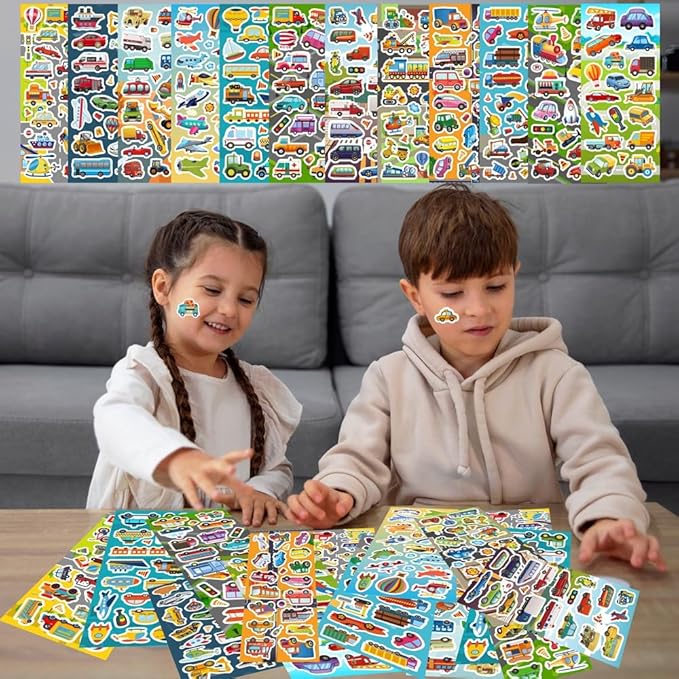 36 sheets cars and trucks stickers for kids, 700+ vehicle transportation stickers party favors pack including cars, construction,fire trucks,buses,airplane,rocket and more!