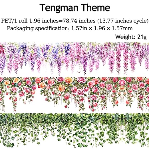 3 Rolls Floral Washi Tape - Colorful Rose Vine Flower Tape Stickers, Self-Adhesive Green Leaf PET Tape, Decorative Tape for Crafts, Scrapbook, Journal, Notebook, Photo Album, Gift Wrap