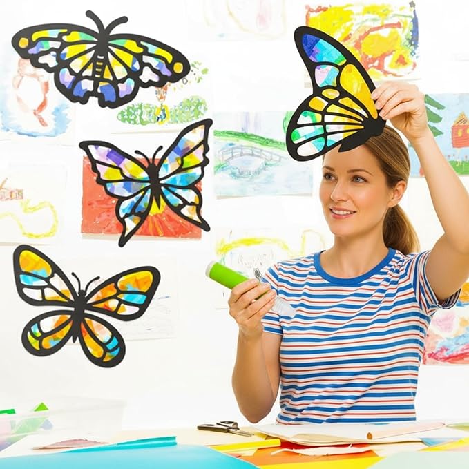 Zonon 9 Pcs Butterfly Suncatcher Craft Kit DIY for Window Stained Glass Effect Spring Summer School Classroom Tissue Art Craft with 12 Colors Large Paper Creative Activity Gift Decoration Party Favors
