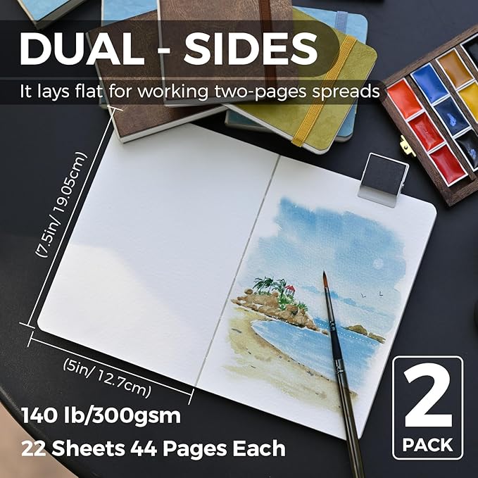 Funto Watercolor Journal, 7.5x5, 2 Packs, 44 Pages Each, Cold-Pressed 100% Cotton, Pearlescent PU Leather Brown Cover, Art Supplies for Mixed Media