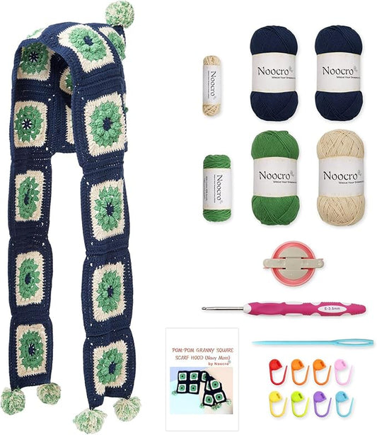Noocro Complete Crochet Kit for Pom-Pom Granny Square Scarf Hood, DIY Yarn Kit, Detailed Instructions, Step by Step Video Tutorial, Beginner-Friendly, Intermediate Crocheter Craft Set (Navy Moss)