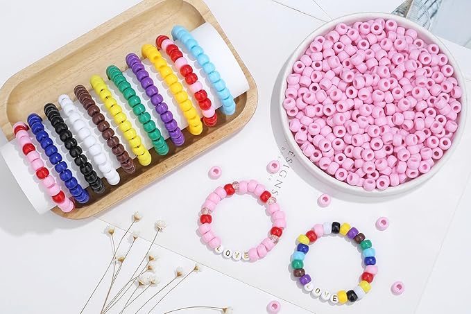 1000Pcs Pink Pony Beads 6x9mm Beads for Crafts Bracelets, Hair Bead for Braids, Plastic Clay Pony Bulk Perler Kandi Bead for Necklace Keychain Jewelry Making (Pink)