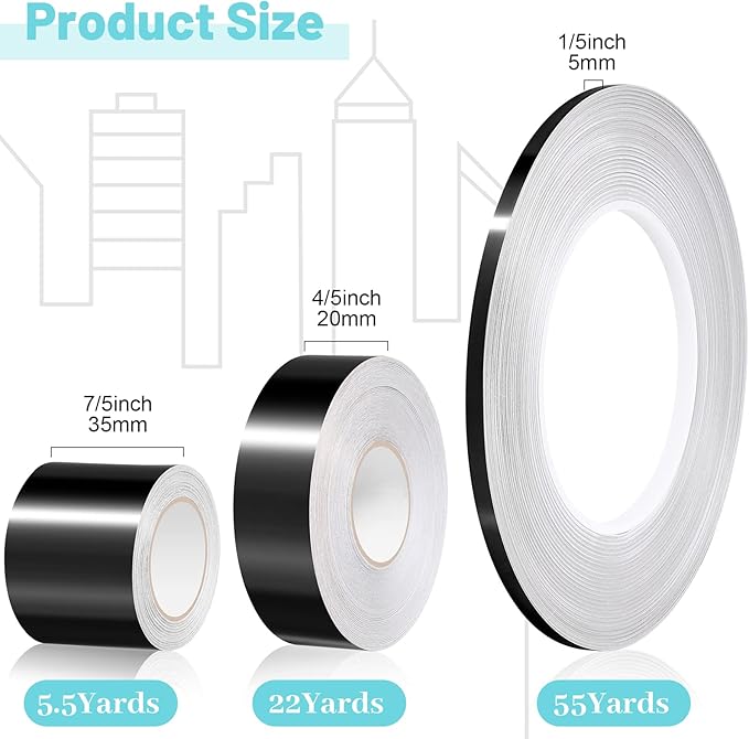 Zonon 3 Rolls Multi Size Self Adhesive Polyester Film Tape 1/5, 4/5, 7/5 Inch Washi Metallic Tape for Detailing Accent Graphic Arts for Walls Cars and Boats Trim(Black)