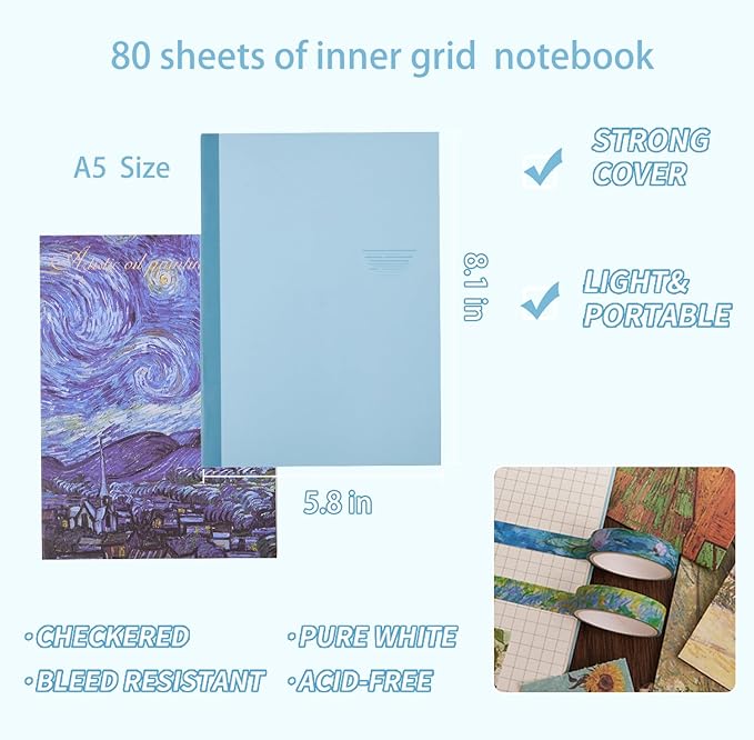 Scrapbooking Supplies Kit Plus 480Pcs, Vintage Van Gogh Oil Painting Aesthetic Scrapbook Kit for Bullet Junk Journal, DIY Journaling Supplies, Stationery, A5 Grid Notebook, Craft Gift Kid Girl