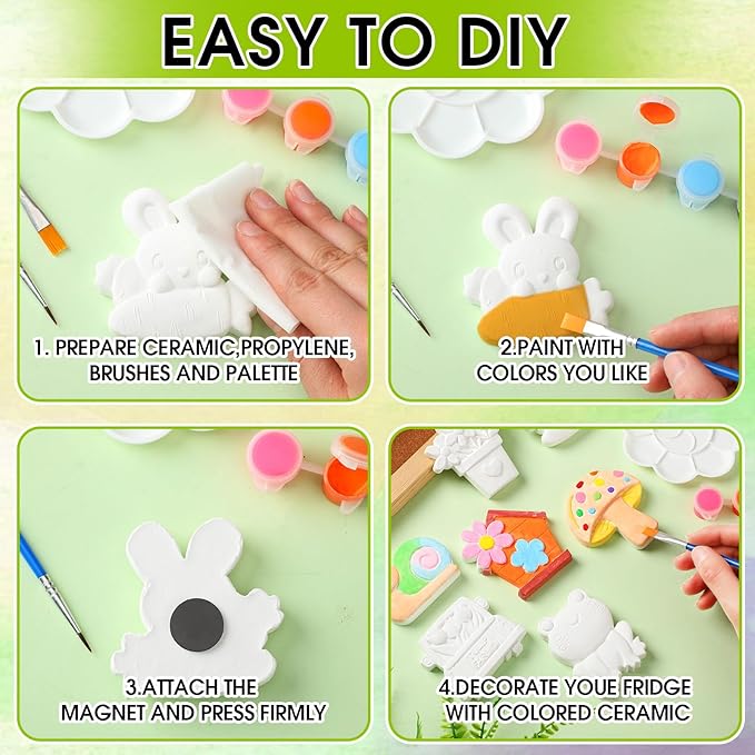 WinnerWhy 24 Set DIY Spring Garden Ceramic Crafts Kit Paint Your Own Figurines Ready to Paint Bisque Figurines Crafts Arts with 24 Magnets 4 Brushes and 2 Palette Ceramic Painting Kit for Adults