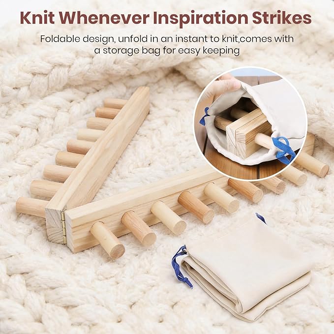 Solid Wood Chunky Blanket Loom for Chunky Yarn to Knit without Needles - Foldable Chunky Yarn Loom for Blankets & Scarves - Available in 32"/48"/72" - with Storage Bag, Stress Relief DIY Gift