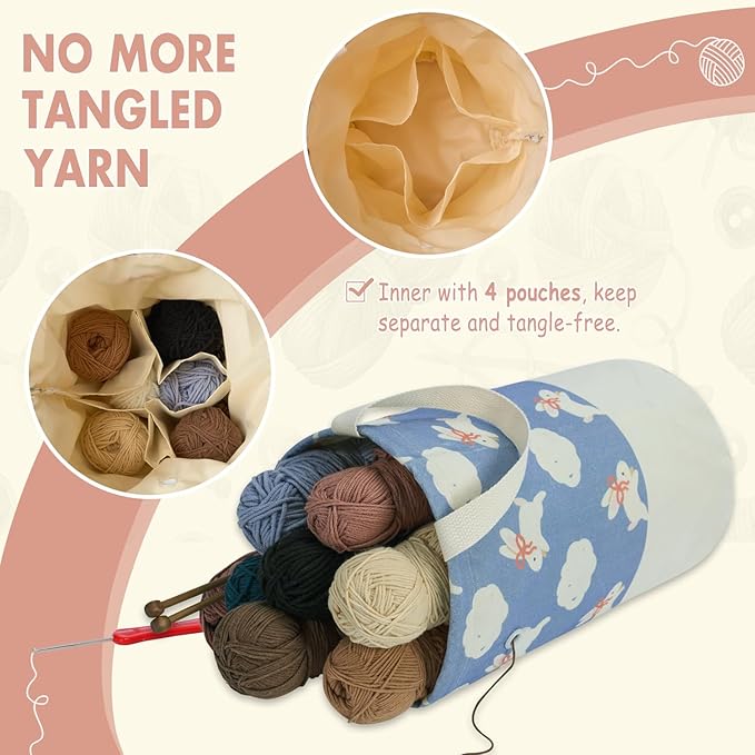 Yarn Bag, Small Crochet Bag Organizer, Drawstring Yarn Storage Knitting Bags, Portable Mini Yarn Holder for Crocheting Project, Store Skein Ball, Needles Accessories (Blue Rabbits, Large)