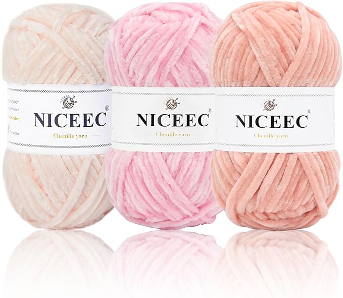 NICEEC 3 Skeins Soft Chenille Yarn Blanket Yarn for Knitting Fancy Yarn for Crochet Weaving DIY Craft Total Length 3×85m (3×93yds, 3×50g)_Pink Series