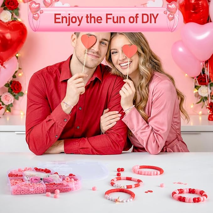 Taybonds Valentine's Day Bracelet Making Kit – Heart-Shaped Bead Box with Red & Pink Pony & Clay Beads, Letter Beads, Charms & Elastic Cord, Valentine Jewelry Gift Set