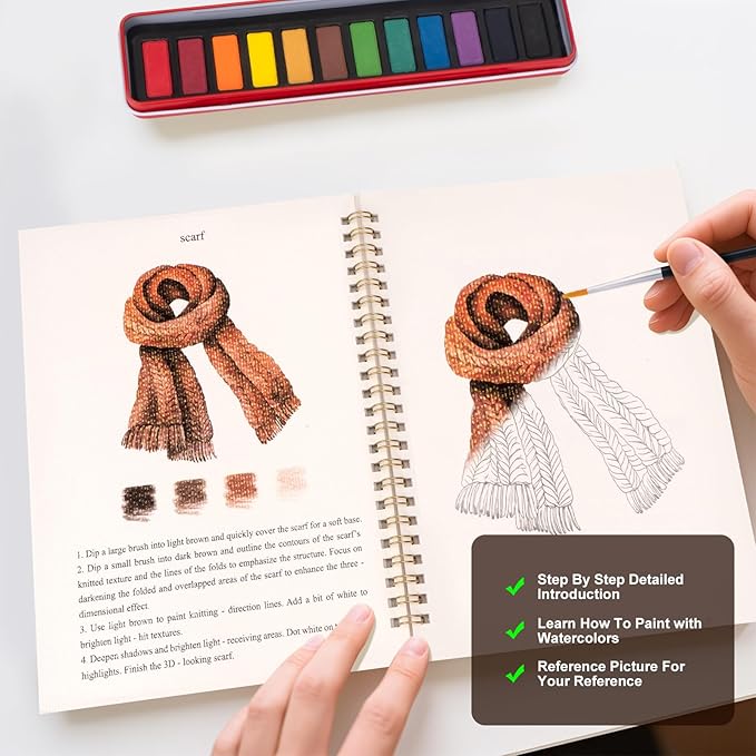 Metyond Beginner Watercolor Workbook Kit - Watercolor Painting Kit with 1 Workbook 12 Colors Paint Set with Brush, Beginner Friendly Watercolor Paint Set Gift for Adults Teens (Winter)
