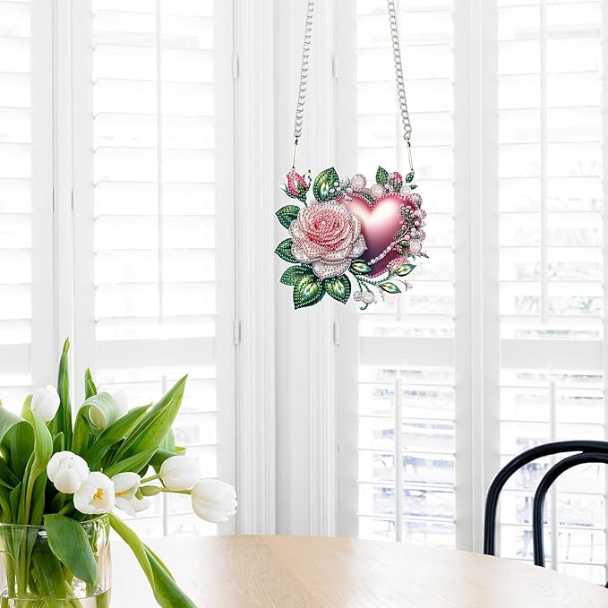 AiYuanzsh 5D Diamond Painting Hanging Pendant, DIY Rose and Heart Diamond Art Kit for Adults, Crystal Rhinestone Window Decoration, Wall and Home Ornament, Valentine’s Day Gift
