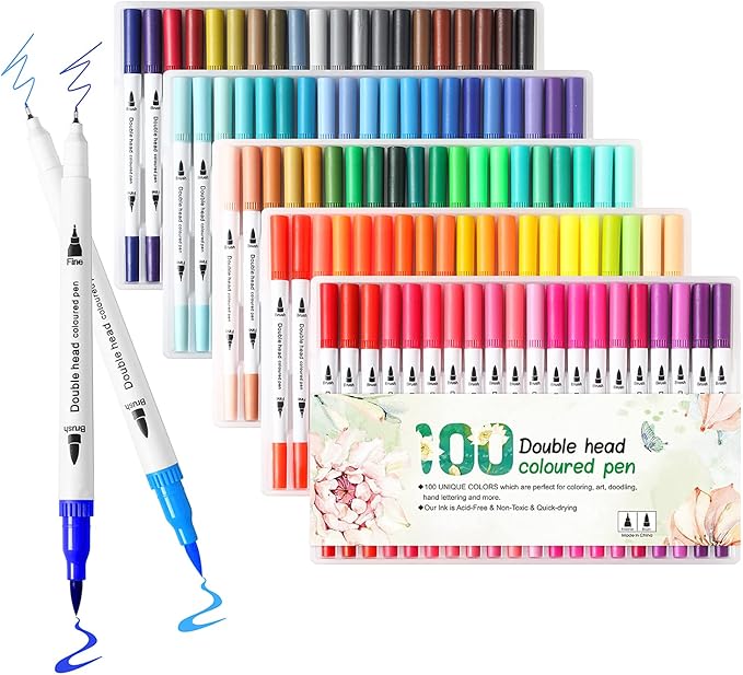 100 Colors Art Markers for Adults,Dual Tip Pens for Adult Illustration, Journaling, Calligraphy - Artist Drawing Supplies,Brush and Fine Pens for Lettering, Manga, Design Sketching
