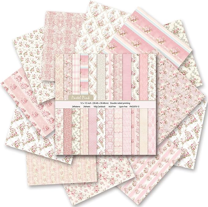 Floral Scrapbook Paper, Vintage Floral Garden Craft Sheets, 24 Pages/24 Unique Designs Double-Sided Origami Art Supplies, Pink Scrapbook Materials for DIY Cards, Journals, Album Decor, 12"x12" Inch