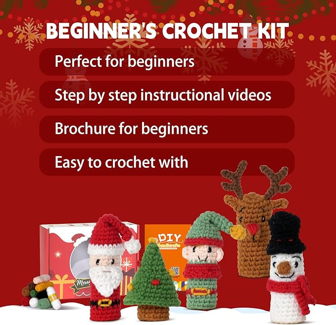 Crochet Set - Beginner Friendly Crochet Set with Step by Step Teaching Videos and Crochet Pattern Manuals (Christmas Finger cots)