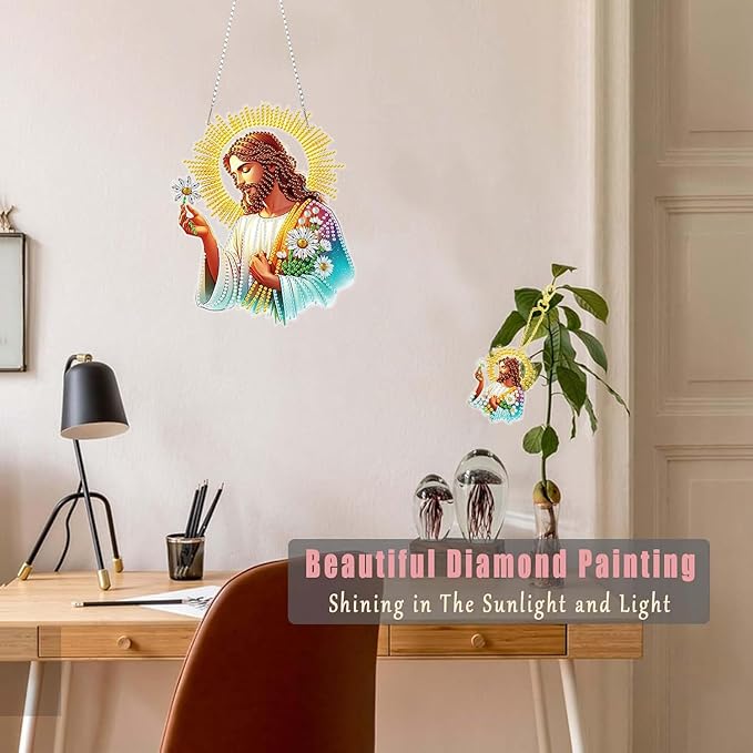 Masendp Easter Diamond Painting Hanging Decor Kit, DIY Jesus Special-Shaped Rhinestone Window Hanging Kit, Suitable for Home and Garden Wall Decoration Gifts