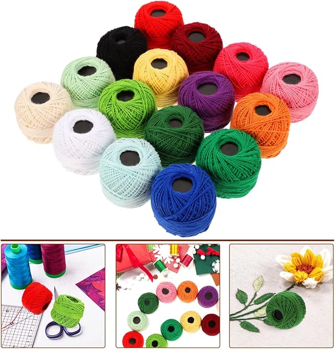 Gatuida 16 Rolls Cotton Yarn Threads Balls, Crochet Embroidery Floss, Assorted Colors, Cross Stitch Threads for DIY Crafts Sewing, 45 Meters Per Roll