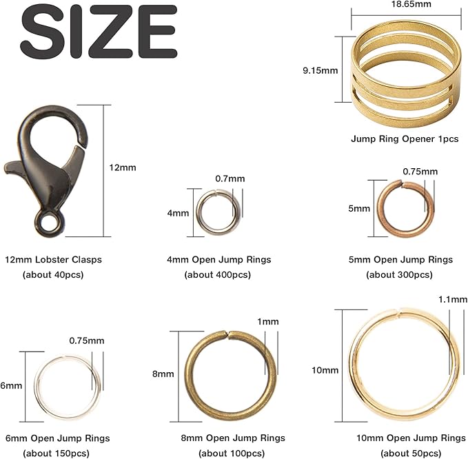 Jump Rings Kit With1000PCS Open Jump Rings 40PCS 12mm Lobster Clasps and Jump Rings Opener for Jewelry Making Keychains and Necklace Repair (Bronze)