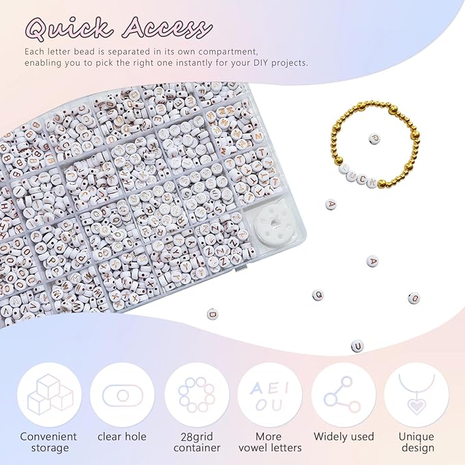 1400pcs Rose Gold Letter Beads 4x7mm White Round Acrylic Alphabet A-Z Heart Pattern Beads and Crystal Line for Jewelry Making Bracelets Necklaces Key Chains