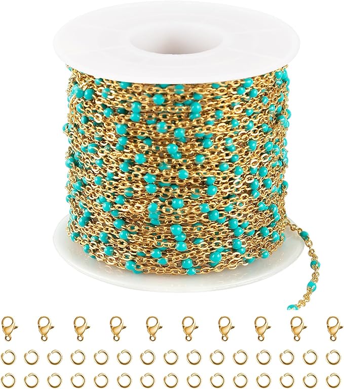 UMAOKANG 33ft/10m Turquoise Enamel Bead Chains for Jewelry Making Gold Plated Stainless Steel Jewelry Chain Roll