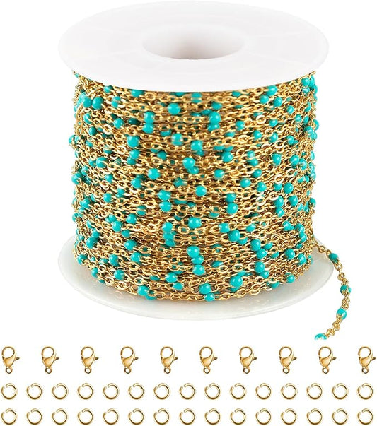 UMAOKANG 33ft/10m Turquoise Enamel Bead Chains for Jewelry Making Gold Plated Stainless Steel Jewelry Chain Roll