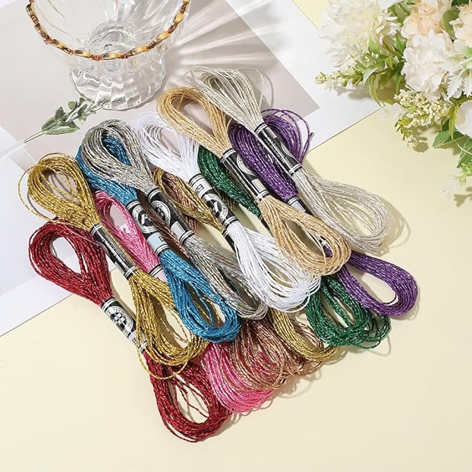 12 Skeins 12 Colors Metallic Embroidery Floss Colorful Glitter Cross Stitch Tassel Thread Polyester Friendship Bracelets Shimmer Crewel String Bulk Set for Hand Sewing Making Knitting Craft